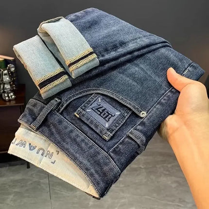 Summer Men's Slim Fit Jeans Thin Trendy Loose Straight Leg Elastic Nine Point Pants Versatile Casual Straight Cut Jeans