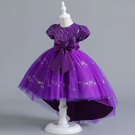 New Purple Girls' 3-12 Year Old Round Neck Trail Party Dress   Sequin Bubble Sleeves Princess Dress Suitable for Kid