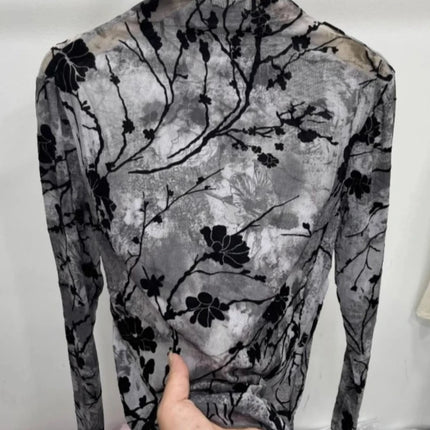 Women Autumn Spring Tops Layering Undershirts Long-Sleeve T-Shirts Printed Lace Mesh Versatile Fashionable Luxurious Designer