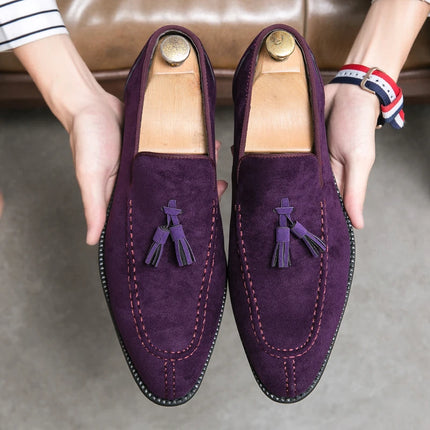 New British Designer Suede LeatherTassel Casual Shoes for Men Purple Blue Brown Moccasins Wedding Prom Homecoming Party Footwear