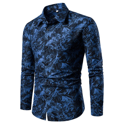 Mens Printed Lapel Long Sleeve Shirt Casual Blouse Fashionable Polyester Casual Wear