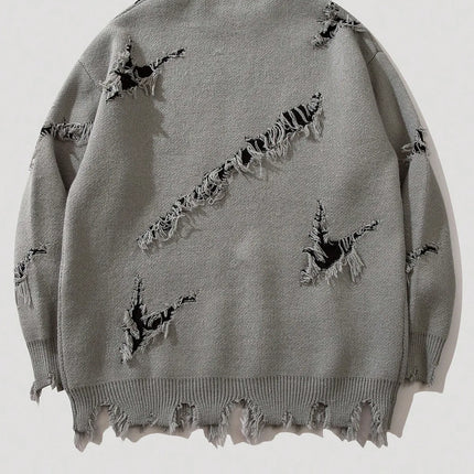 2025 New Men Distressed Sweater Hip Hop Pullover Vintage Casual Knitwear Top Streetwear Fashion Autumn Winter