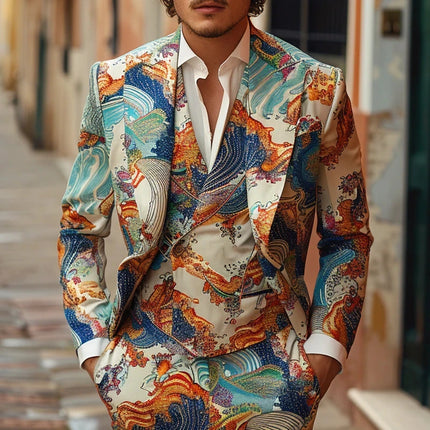 Men Personalized Casual Suit Water Pattern Jacquard Suit Jacket & Pant Fashion Printing Emcee Banquet Sets Business Casual Suits