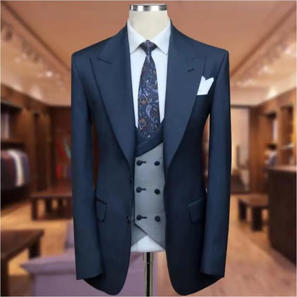 Navy Blue Suits for Men Slim Fit 3 Piece Jacket Pants Vest Single Breasted Peaked Lapel Outfits Wedding Groom Male Clothing