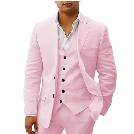 3 piece Linen Summer Men Suits for Wedding Groom Tuxedos 2026 Casual Beach Custom Man Suit Set Jacket Vest with Pants Man Fahion