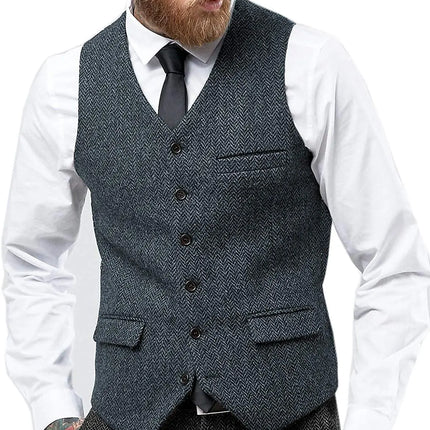 Mens Suit Vest Retro Tweed Wool Regular Fit Waistcoat Herringbone for Jacket Men's Suits Vest