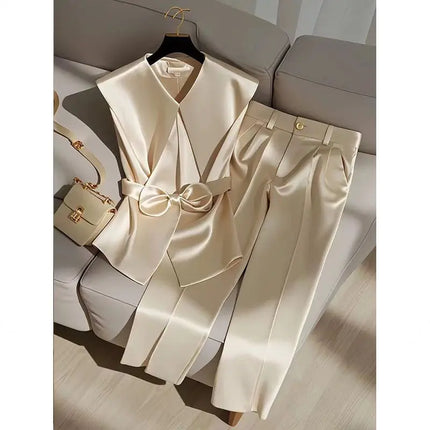Fashion Satin Celebrity Outfits Elegant OL Peter Pan Collar Bow Sleeveless Vest + High Waist Wide Leg Pants Two Piece Set