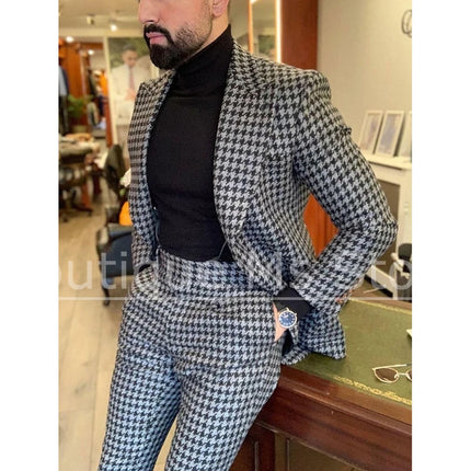 Men's Houndstooth Suit Slim Single Breasted Blazer and Pants Formal Party Prom Wedding Business Casual Male Suit 2 Piece