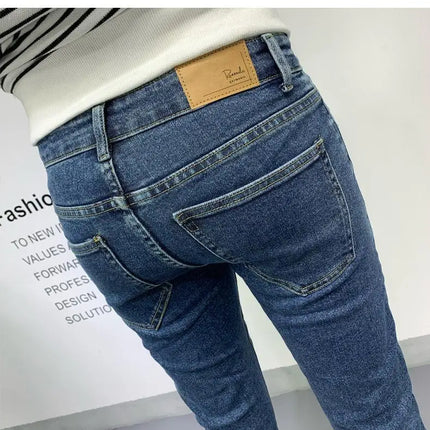 New Men's Slim Denim Jeans Casual Spring and Autumn Stretchy Skinny Pants Korean Style Trendy Cowboy Hip Hop Cropped Trousers