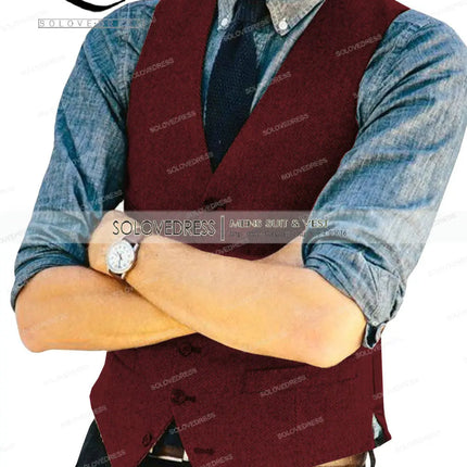 Mens Vests Tweed Herringbone Slim Fit Fashion Men's Suits Vests For Jacket Groomsmen  Waistcoat For Wedding
