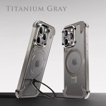 Aluminum Alloy Magnetic Stand Rimless Phone Case For iPhone 13 14 15 16 Pro Max Plus Metal Lens Shell  Frosted Matte Back Cover