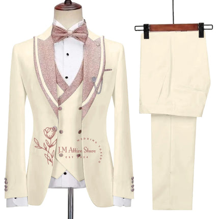 Stylish Men's Suit 3-piece Set Jacket Vest Pants White Slim Fit Pink Shinny Peak Lapel Blazer Wedding Prom Party Custom Tuxedo