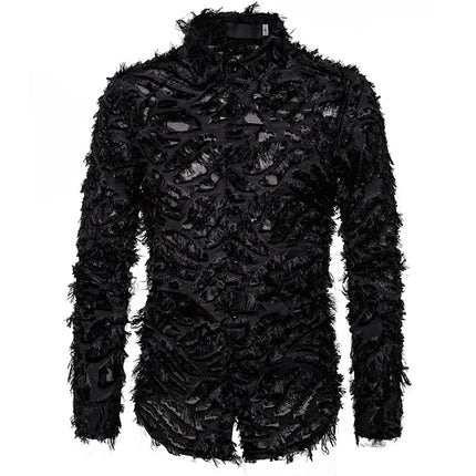 Black White Streetwear Hip Hop Shirt Men Tassels Party Night Club Men's Shirts With Long Sleeves Euro Size Spring Autumn