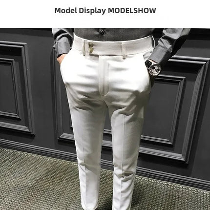 Spring Autumn Men's Slim Fit Korean Style Suit Pants Casual Nine Point Length Trendy White Pants For Office Wear