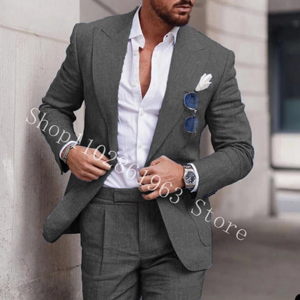 2023 White Linen Suits For Men Slim Fit Peak Lapel 2 Pieces Best Men Groom Wear Wedding Tuxedos Blazer+Pants Trajes De Hombre