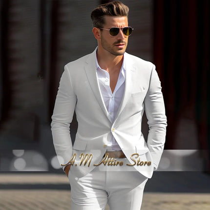 Men's linen suit 2-piece peak lapel jacket pants for summer beach wedding groom prom party tailor-made casual formal outfit