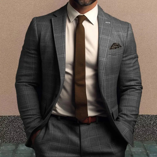 Men Suit Coat Formal Business Style Slim Fit Plaid Print Long Sleeve Single Button Closure Mid Length Straight Cardigan Work Coa