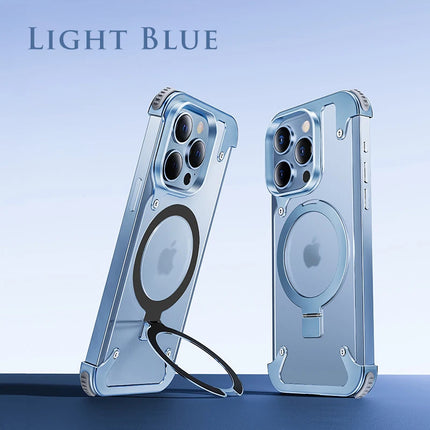 Aluminum Alloy Magnetic Stand Rimless Phone Case For iPhone 13 14 15 16 Pro Max Plus Metal Lens Shell  Frosted Matte Back Cover