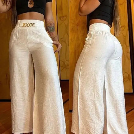 Women's High Waist Wide Leg Pants, Elegant Chain Decor, Black Trousers, Casual Clothes, White, Summer