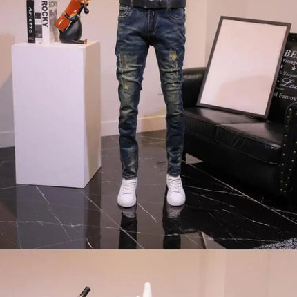 2025 Autumn and Winter Retro Jeans Men's Trendy Brand Slim-fitting Small Feet Elastic Youth Fashion Handsome Blue Long Pants
