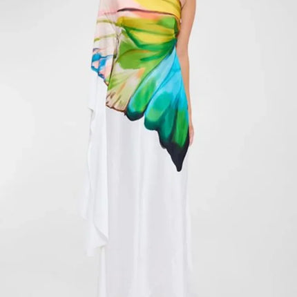 Gymystars Women's Printed Elegant Evening Dress One-shoulder Asymmetric High Waist Pleated Vintage Female Slim Long Dress