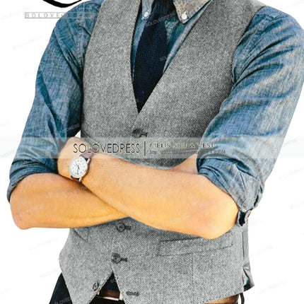 Mens Vests Tweed Herringbone Slim Fit Fashion Men's Suits Vests For Jacket Groomsmen  Waistcoat For Wedding