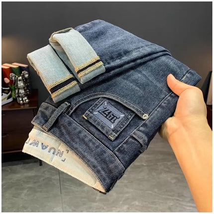 Summer Men's Slim Fit Jeans Thin Trendy Loose Straight Leg Elastic Nine Point Pants Versatile Casual Straight Cut Jeans