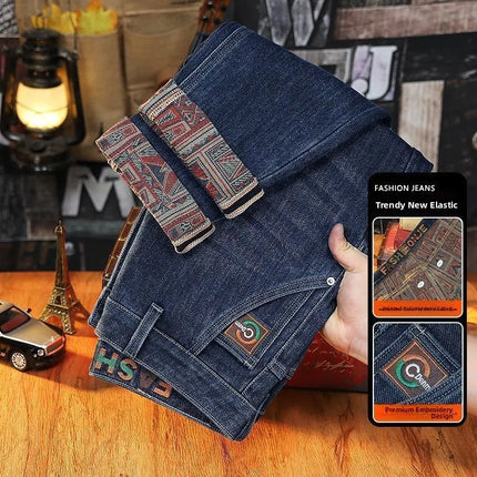 Trendy Embroidered Slim Fit Men's Jeans Spring Autumn New Style Zipper Long Casual Pants Youth Versatile Wear Resistant
