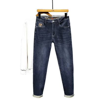 New Embroidery Fashion Straight Jeans Men Stretch Black Blue Slim Fit Pants Comfortable Business Denim Trousers