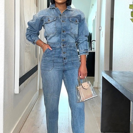 Denim Stretch Overalls Sexy Women Turn Down Collar Elegant Blue Jeans Casual Jumpsuit Romper
