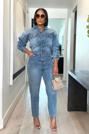Denim Stretch Overalls Sexy Women Turn Down Collar Elegant Blue Jeans Casual Jumpsuit Romper