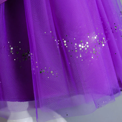New Purple Girls' 3-12 Year Old Round Neck Trail Party Dress   Sequin Bubble Sleeves Princess Dress Suitable for Kid