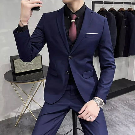 Men's Wedding Groomsmen Suit Set High-Quality Solid Color Casual Office Menswear Jacket + Vest + Pants