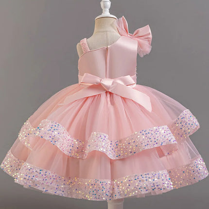 Girl's New Sequined Bow Irregular Collar Mesh Princess Dress Christmas Birthday Party Sweet and Cute Evening Dress