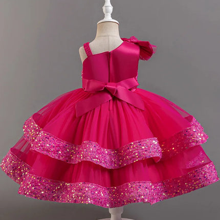 Girl's New Sequined Bow Irregular Collar Mesh Princess Dress Christmas Birthday Party Sweet and Cute Evening Dress