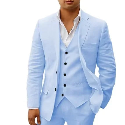 3 piece Linen Summer Men Suits for Wedding Groom Tuxedos 2026 Casual Beach Custom Man Suit Set Jacket Vest with Pants Man Fahion