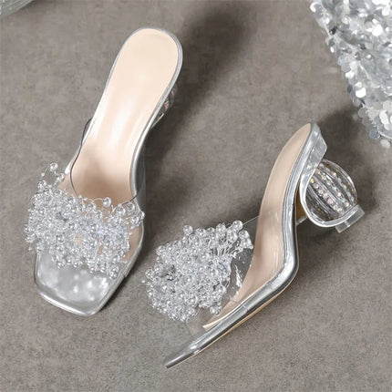 Eilyken Fashion Pearl Flower Women Slippers Design Style Square Toe Crystal Round Heels Shoes Summer Slides Zapatos De Mujer