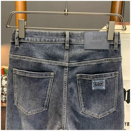 Summer Men's Slim Fit Jeans Thin Trendy Loose Straight Leg Elastic Nine Point Pants Versatile Casual Straight Cut Jeans