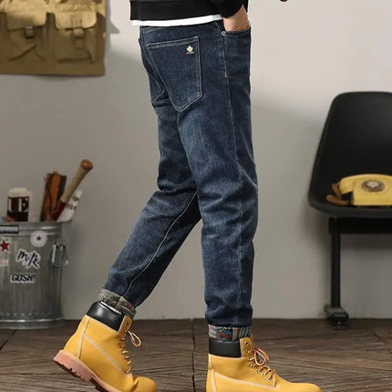 Trendy Embroidered Slim Fit Men's Jeans Spring Autumn New Style Zipper Long Casual Pants Youth Versatile Wear Resistant