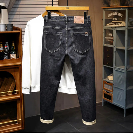 New Embroidery Fashion Straight Jeans Men Stretch Black Blue Slim Fit Pants Comfortable Business Denim Trousers