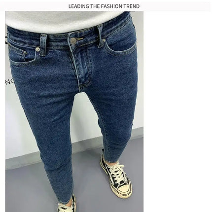 New Men's Slim Denim Jeans Casual Spring and Autumn Stretchy Skinny Pants Korean Style Trendy Cowboy Hip Hop Cropped Trousers