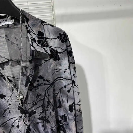 Spring Thin Original Design Trendy Men's Hollow out Iron Free Loose Handsome Shirt Vintage Printed Casual Shirt