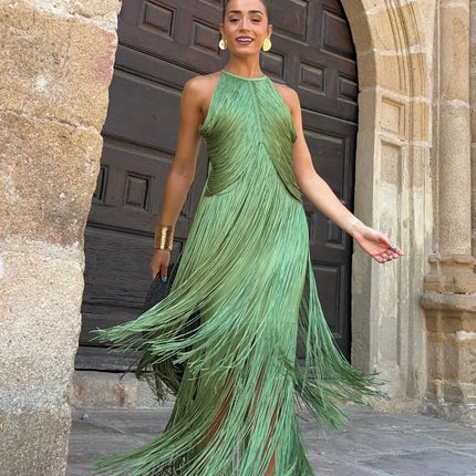 Elegant Halter Tassel Long Dress Women Fashion Hight Waist Slim Neck Hollow Solid Dress Cocktail Robe Sexy Fashion Evening Gown