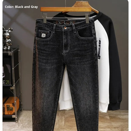Spring Edition Men's Jeans mid Waist Straight Leg Faion Urban Sle Elastic Waist Micro Stretch Snowflake Waed