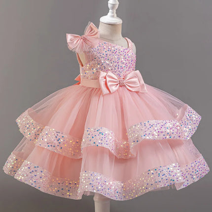 Girl's New Sequined Bow Irregular Collar Mesh Princess Dress Christmas Birthday Party Sweet and Cute Evening Dress
