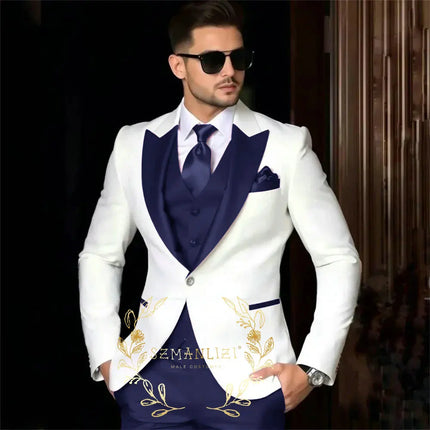 Luxury Men's Suits For Wedding Peak Lapel Slim Fit 3 Piece White Jacket Burgundy Pants Vest Formal Male Clothing Costume Homme
