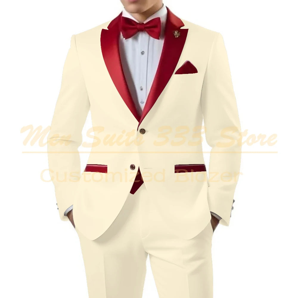 Customized White Men Suits Single Breasted Red Notch Lapel Slim Fit Male Clothing High Quality Wedding 2 Piece Jacket Pants 2025
