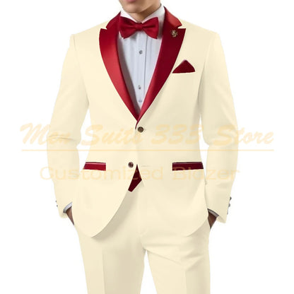 Customized White Men Suits Single Breasted Red Notch Lapel Slim Fit Male Clothing High Quality Wedding 2 Piece Jacket Pants 2025