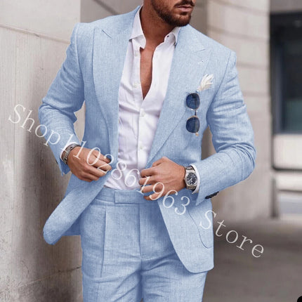 2023 White Linen Suits For Men Slim Fit Peak Lapel 2 Pieces Best Men Groom Wear Wedding Tuxedos Blazer+Pants Trajes De Hombre