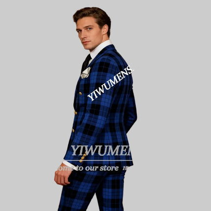 Male Fashion Suits Men Formal Wear Plaid Checked Jacket Pants 2 Piece Sets Man Business Party Attire Customized Groom Tuxedos